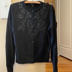 Ann Taylor Black Beaded Faux Leather Cotton Blend Cardigan Size M